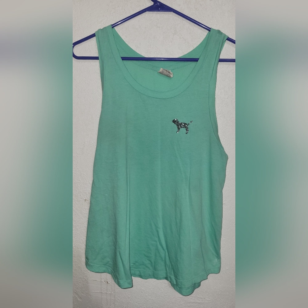 PINK Dark Mint Green Tank Top Size Medium Sequin Dog on Front and Logo on Back
